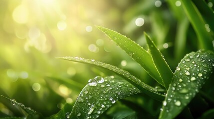 Naklejka premium Morning Dew on Lush Green Leaves: A Breathtaking Close-Up