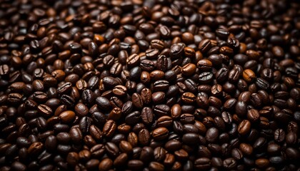A high-angle, close-up shot showcases a dense collection of cocoa beans, filling the frame with their rich, dark brown tones