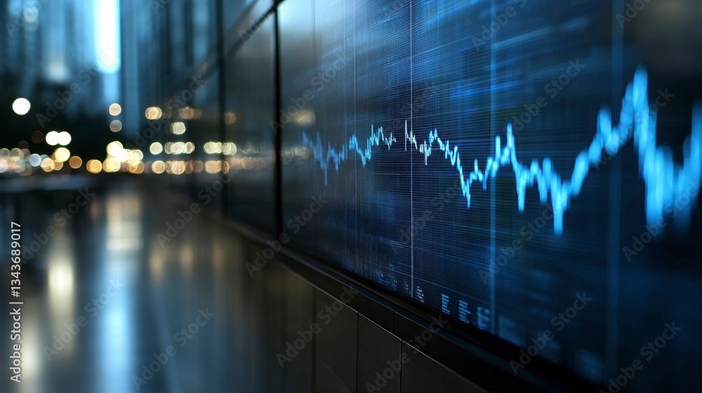 Poster close up view of a large digital screen displaying a dynamic blue stock market graph, set against a 