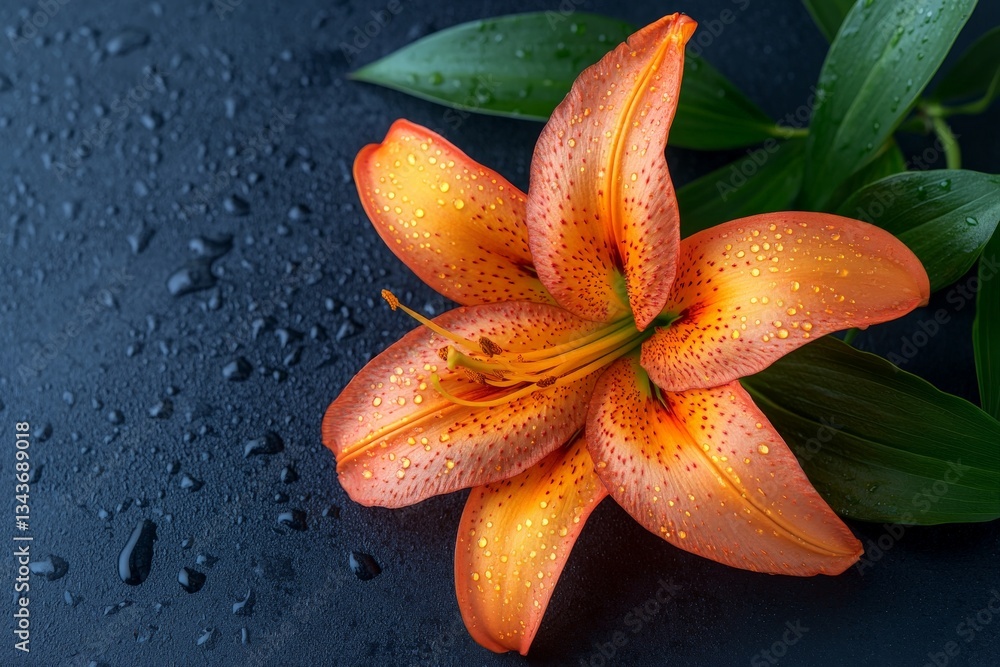 Poster vibrant orange lily with droplets on petals resting on dark surface in soft light
