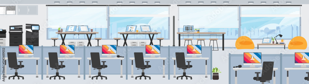 Aufkleber wide floor office background with many working desk and resting zone, office floor with high skyscra