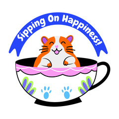 A flat sticker of a hamster cup with sipping on happiness typography