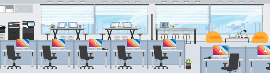 Wide floor office background with many working desk and resting zone, Office floor with high skyscraper view.