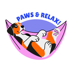 A flat style sticker of a dog hammock with paws and relax typography