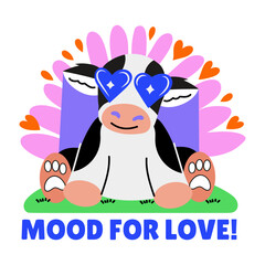 Flat sticker of a lovely cow with mood for love typography