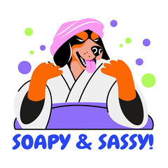 Flat sticker of a dog bath with soapy and sassy typography