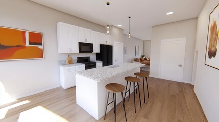 Fototapeta premium Modern kitchen design with white cabinets, granite countertops, and wooden floors. Three wooden bar stools sit at the island. Abstract art hangs on the wall. Bright, airy atmosphere.