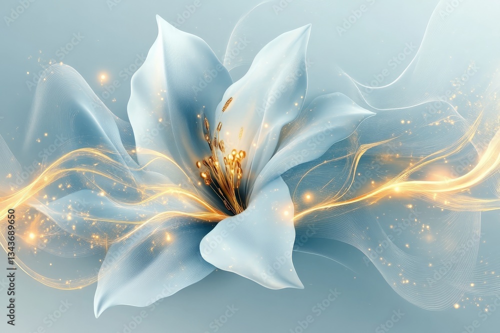 Poster elegant white flower with glowing golden accents and soft flowing textures in a serene setting