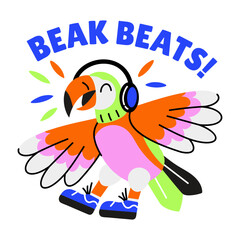 A flat style sticker of parrot music with beak beats typography