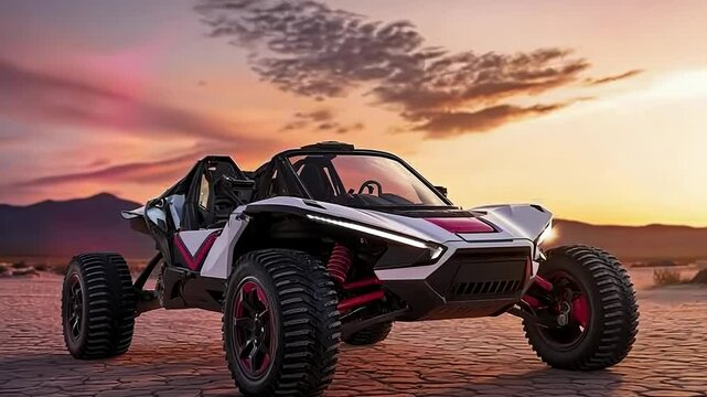 Witness an exhilarating off-road vehicle navigating the stunning arid terrain under a vibrant sunset. The dramatic sky and unique surroundings create an unforgettable experience.