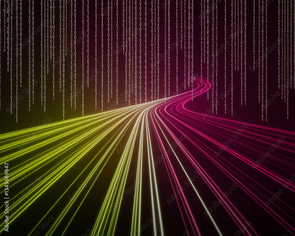 Poster abstract image of glowing lines converging, forming a path, set against a backdrop of binary code, s