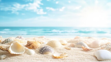 Seashells on the Shore: A collection of beautiful seashells scattered across a sandy beach, with the calm turquoise ocean and clear blue sky stretching out to the horizon.