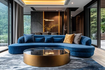 a stylish and modern living room with a blue sofa and round coffee table