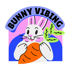 A flat style sticker of a bunny vibing with a large carrot