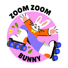 A flat style sticker of a skating bunny with zoom typography