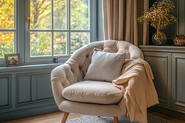 Fototapeta premium an inviting cozy armchair with a warm throw blanket sits near a window, with a decorative plant, perfect for relaxation and home decor