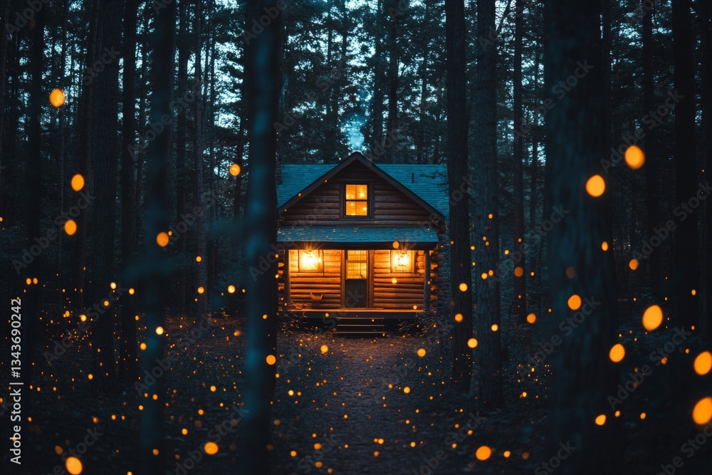 Aufkleber Log cabin illuminated by fireflies in a serene forest at dusk captures the magic of nature and tranquility