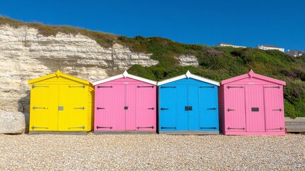 Naklejka premium Four brightly colored beach huts in yellow, pink, and blue stand on a pebble beach against a backdrop of white cliffs and lush green vegetation under a clear blue sky.