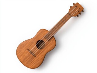 Overhead shot of a brown acoustic guitar on a white background. The guitar is angled slightly to the right, and the grain of the wood is visible. Simple, clean image.