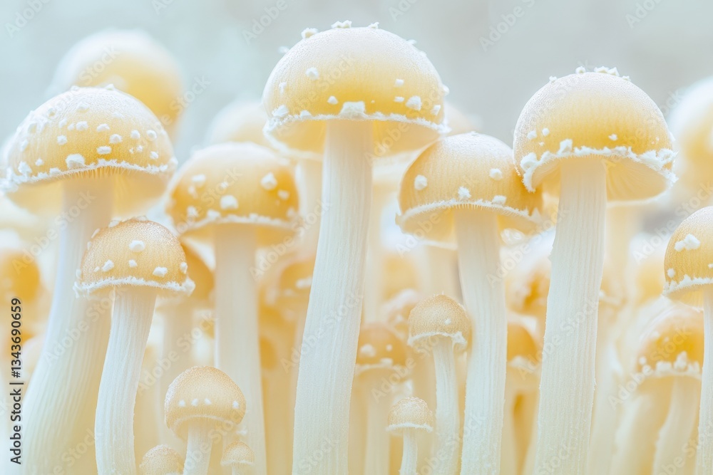 Poster Delicate clusters of pale mushrooms on a soft background in a forest setting during early morning light