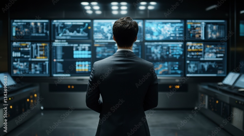 Poster a man in a gray suit stands in a dark room before a wall of large monitors displaying data visualiza