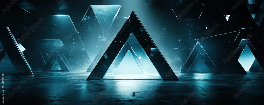 Poster a blue background with many triangles and a large triangle in the middle. the triangles are all diff