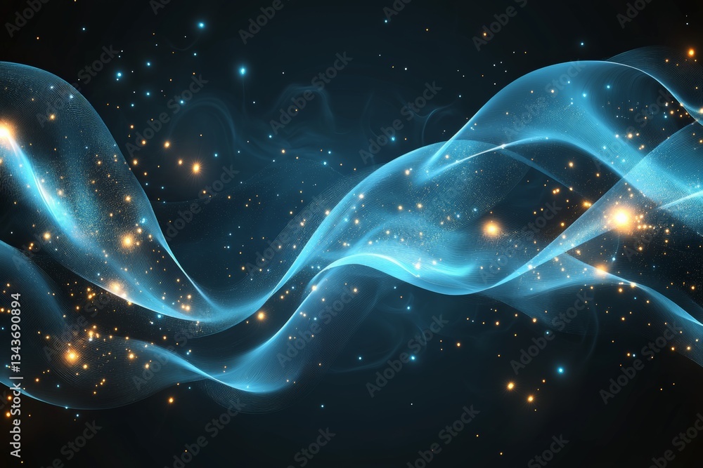 Poster Swirling blue waves illuminated by golden specks create a mystical visual experience in a cosmic setting