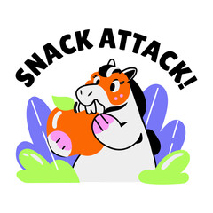 Flat sticker of cute animal eating fruit with snack attack typography