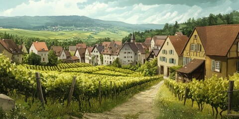 Naklejka premium Springtime in Alsace Vineyards Villages Pastels Greeneries