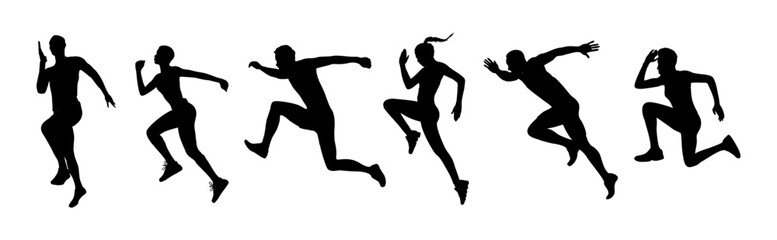 Set of diverse people Jogging, running silhouettes. Active healthy lifestyle. Sportsman, athlete exercising, taking part in competition, marathon, workout. Vector black isolated 
