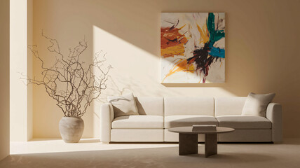 Minimalist Living Room with Abstract Art and Natural Decor