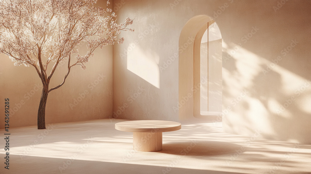 Poster a tree is in the center of a room with a round table and an archway. the room is empty and has a min