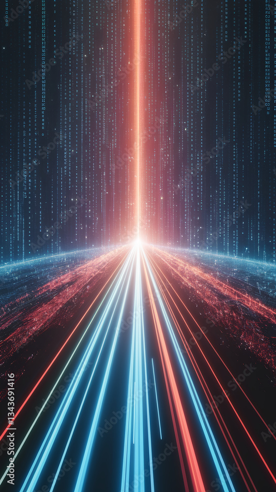 Poster abstract digital art depicting converging light streaks on dark background with binary code, symboli