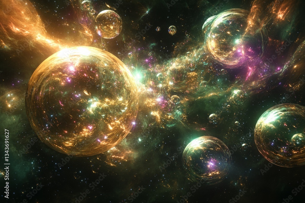 Poster vibrant cosmic scene with colorful energy spheres floating amidst a starry background