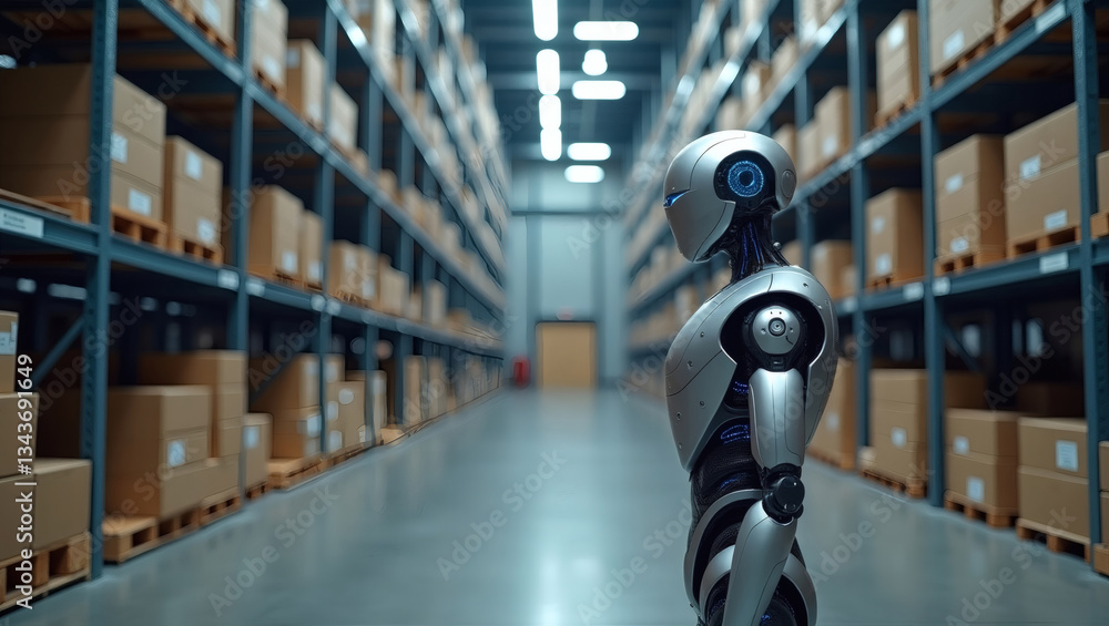 Poster a futuristic robot inspecting a large warehouse filled with boxes