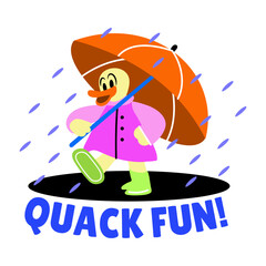 Flat sticker of a duck enjoying rain with quack fun typography