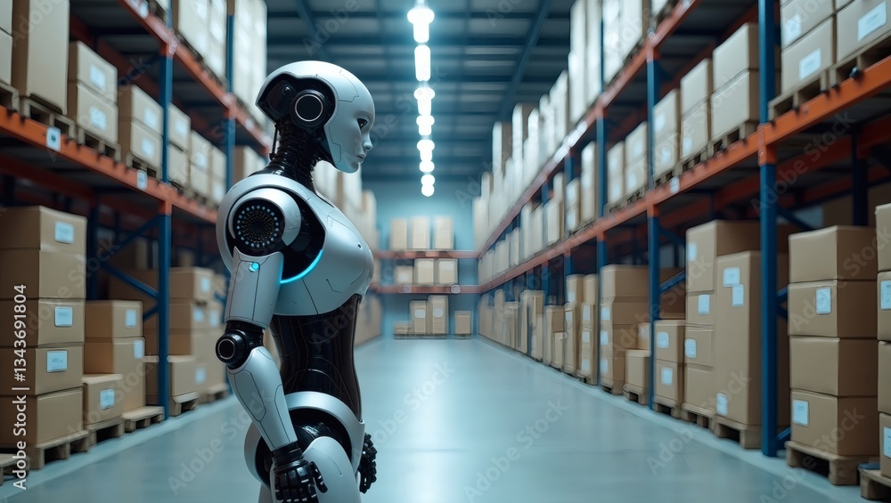 Poster a futuristic robot observing in a warehouse with boxes stacked high. The robot is sleek and metallic, with glowing features
