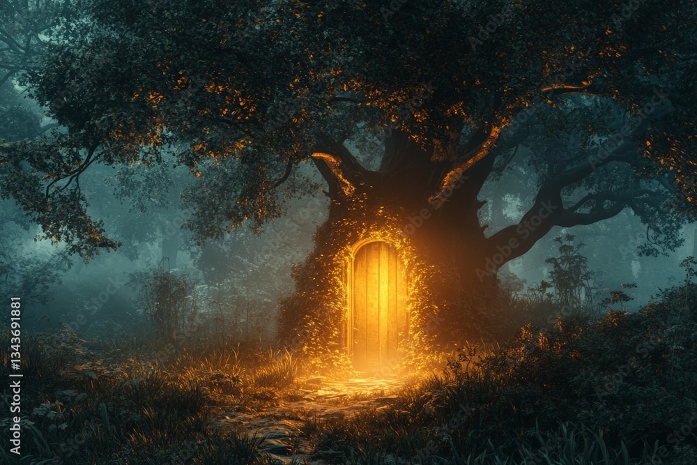 Poster Mysterious glowing door in an ancient tree at twilight, inviting adventure and wonder in an enchanted forest