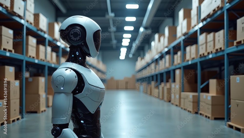 Poster a robot stands in a warehouse full of boxes. the robot looks towards rows of shelves packed with pac