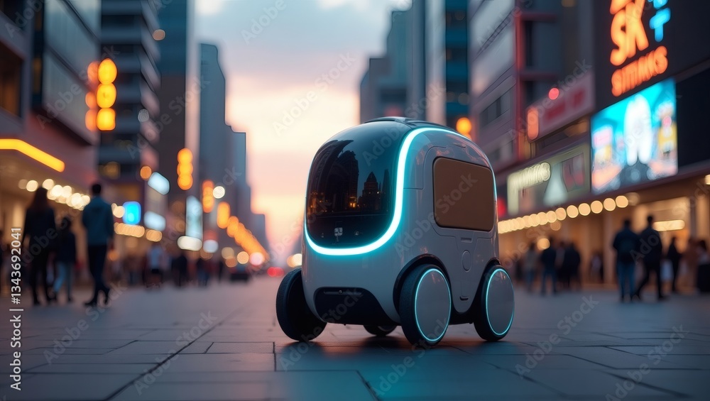 Poster a futuristic delivery robot navigating a bustling city street. the robot has a sleek design and is s