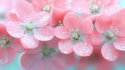 Close up view of several light pink flowers with water droplets, soft lighting, and a blurred background.