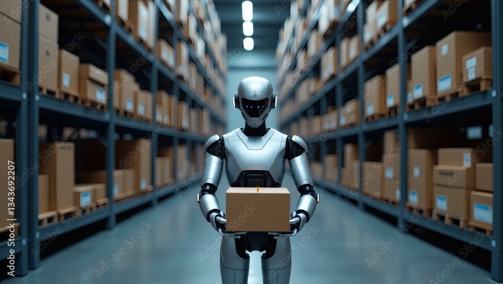 Poster a robot in a warehouse holds a box, surrounded by stacks of packages