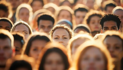 Obraz premium A sea of faces, diversity, unity, and togetherness in a large crowd of people, sunlight reflecting on their faces.
