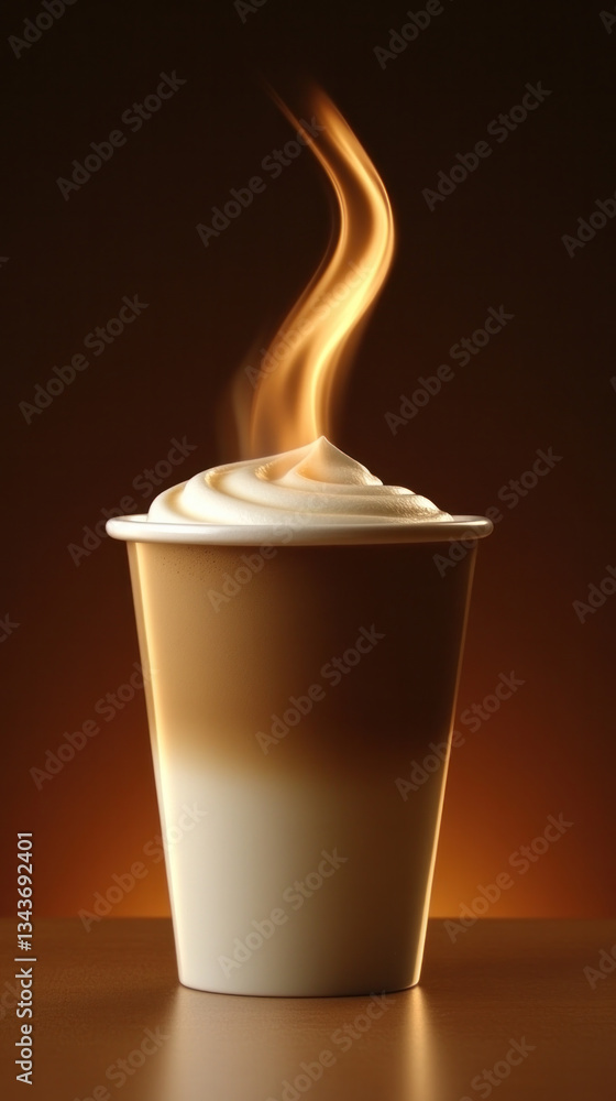 Poster a cup of coffee with a swirl of foam on top and a flame rising from the foam. concept of warmth and 
