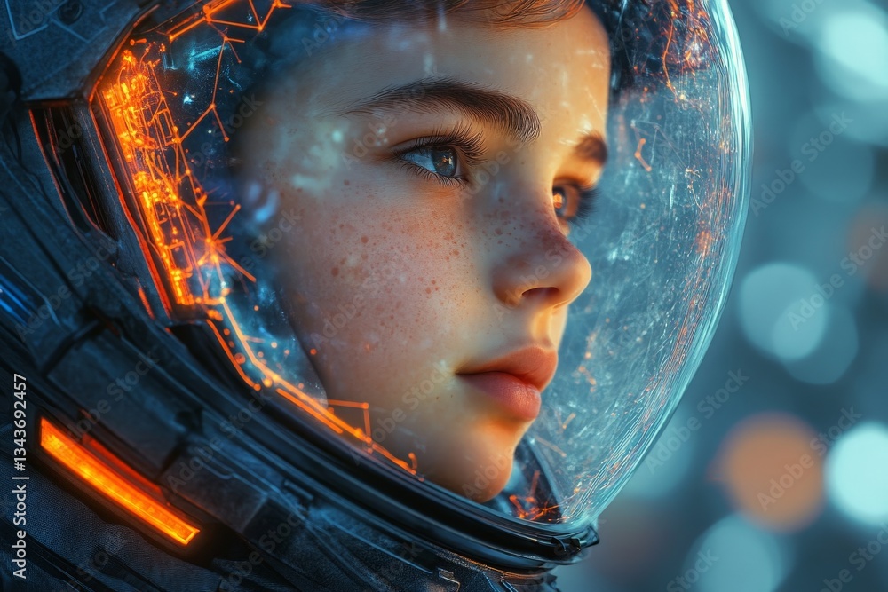 Poster young astronaut gazing intently into the vastness of space with intricate helmet details at an unkno