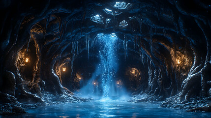 Frozen cavern waterfall