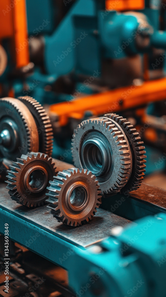 Poster a machine is making gears and the image has a mood of industrialization. the gears are made of metal