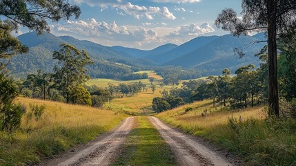 Fototapeta premium Serene dirt road winding through lush green hills under a blue sky