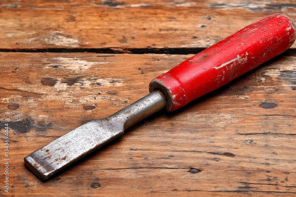 Poster handheld chisel with a red wooden handle resting on weathered wooden surface in a workshop