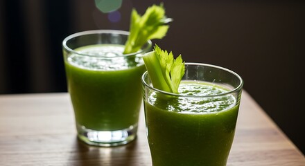 Two green smoothies in glasses - suggesting healthy lifestyle - for health and wellness publications
